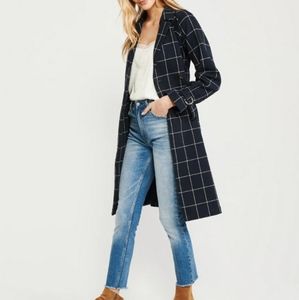 NEW Abercrombie XL navy plaid fall winter trench coat